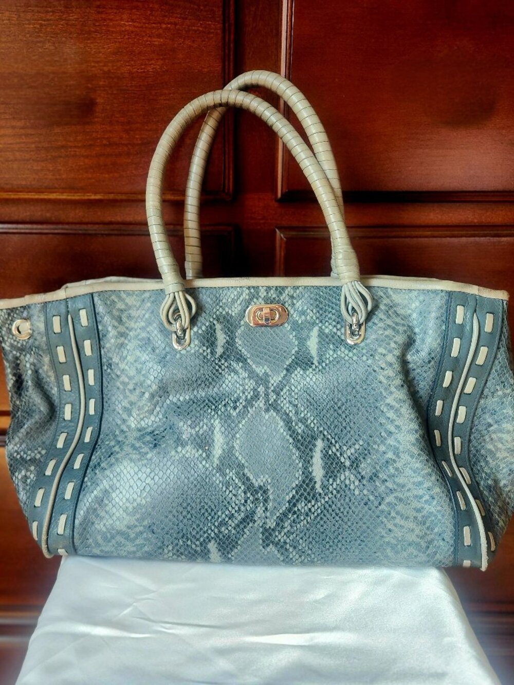 Elie Tahari Medina Grey Snakeskin Embossed Leather Tote Large Shoulder Bag